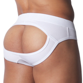 White open-back jockstrap in textured mesh fabric featuring a wide waistband and supportive contoured straps.