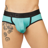 Turquoise mesh briefs with black elastic waistband featuring ngio logo from gigo cool blue jock thong collection