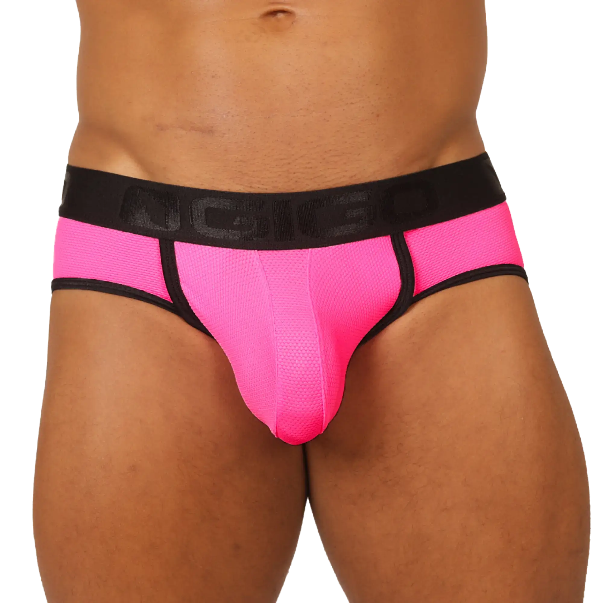 Bright pink mesh Gigo cool fuchsia jock thong briefs with black elastic waistband featuring nciso logo