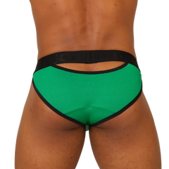 Back view of gigo cool green brief athletic briefs in green and black textured fabric with cutout design