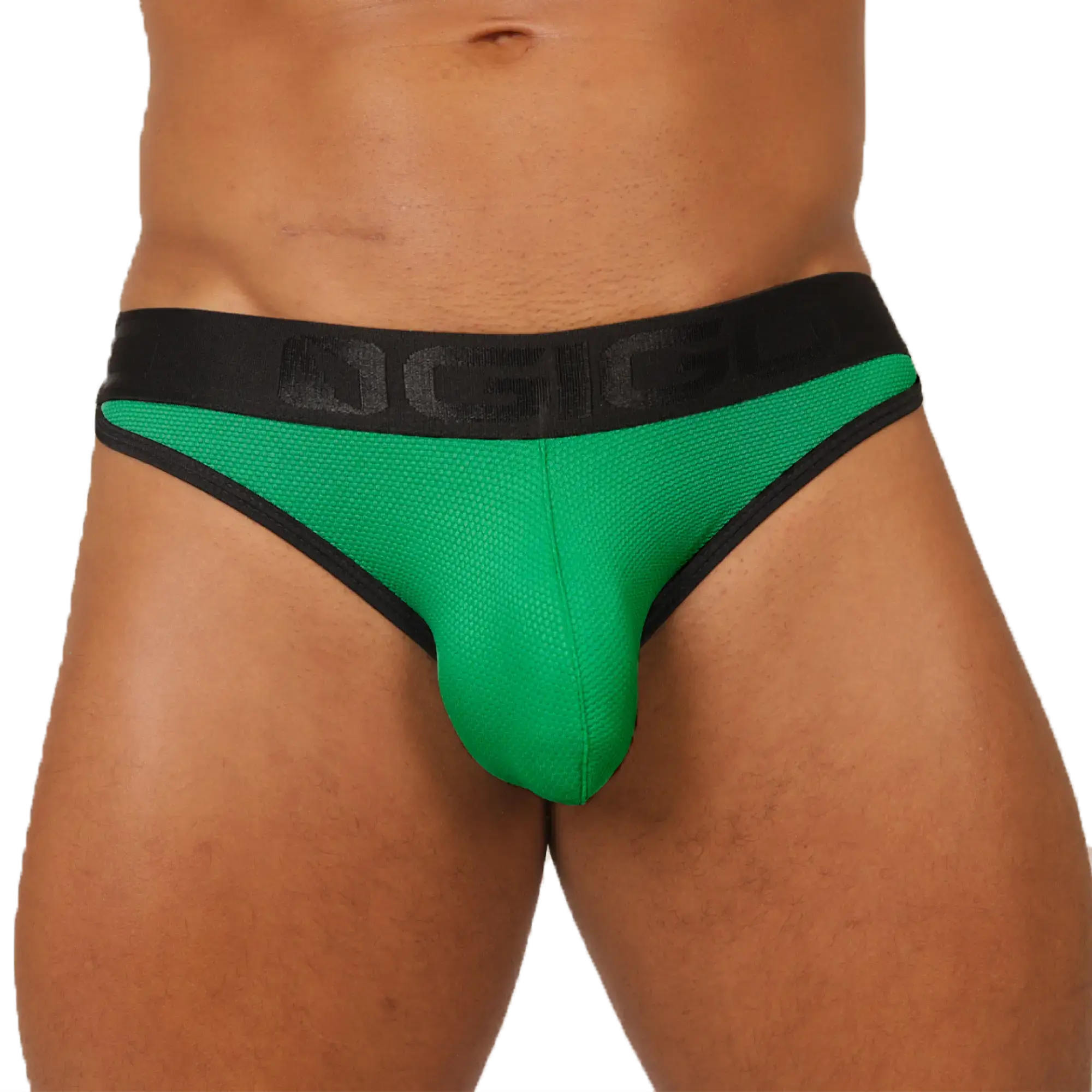 Vibrant green mesh briefs with black trim and a branded waistband gigo cool green brief