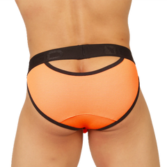 Orange mesh briefs with black elastic trim and a back cutout shown from the back for gigo cool orange brief