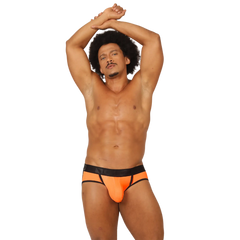 Bright orange gigo cool athletic jock thong with black waistband and trim designed for active wear