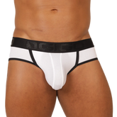 Gigo cool white jock thong in white and black with textured front panel and branded elastic waistband for athletic use