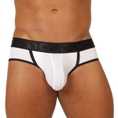 Gigo cool white jock thong in white and black with textured front panel and branded elastic waistband for athletic use