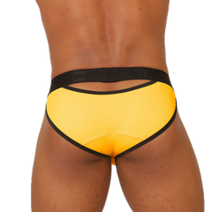 Bright yellow gigo cool yellow brief with black trim and textured fabric finish for athletic use