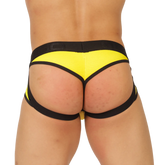 Bright yellow and black Gigo Cool Yellow Jock Thong with textured fabric design front view