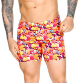 Gigo corals beachwear vibrant orange and pink swim trunks with seashell starfish and colorful sea creature pattern