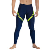 Navy blue gigo core blue leggings with bright neon green diagonal stripes on outer thighs for athletic use