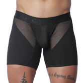 Black men's trunk with mesh panels, ribbed fabric, and a branded elastic waistband.