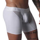 White ribbed trunks with mesh side panels and a wide elastic waistband featuring the GIGO logo.