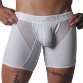 White Gigo trunk in ribbed material with sheer mesh side panels and a branded elastic waistband.