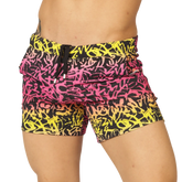 Gigo Crazy Beachwear vibrant graffiti-patterned swim shorts in bold pink yellow and black with drawstring waistband