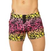 Gigo Crazy Beachwear swim trunks with vibrant pink yellow and black graffiti pattern and drawstring waistband