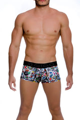 Men’s gigo crazy short boxer underwear size m with colorful graffiti print on white fabric and black branded waistband