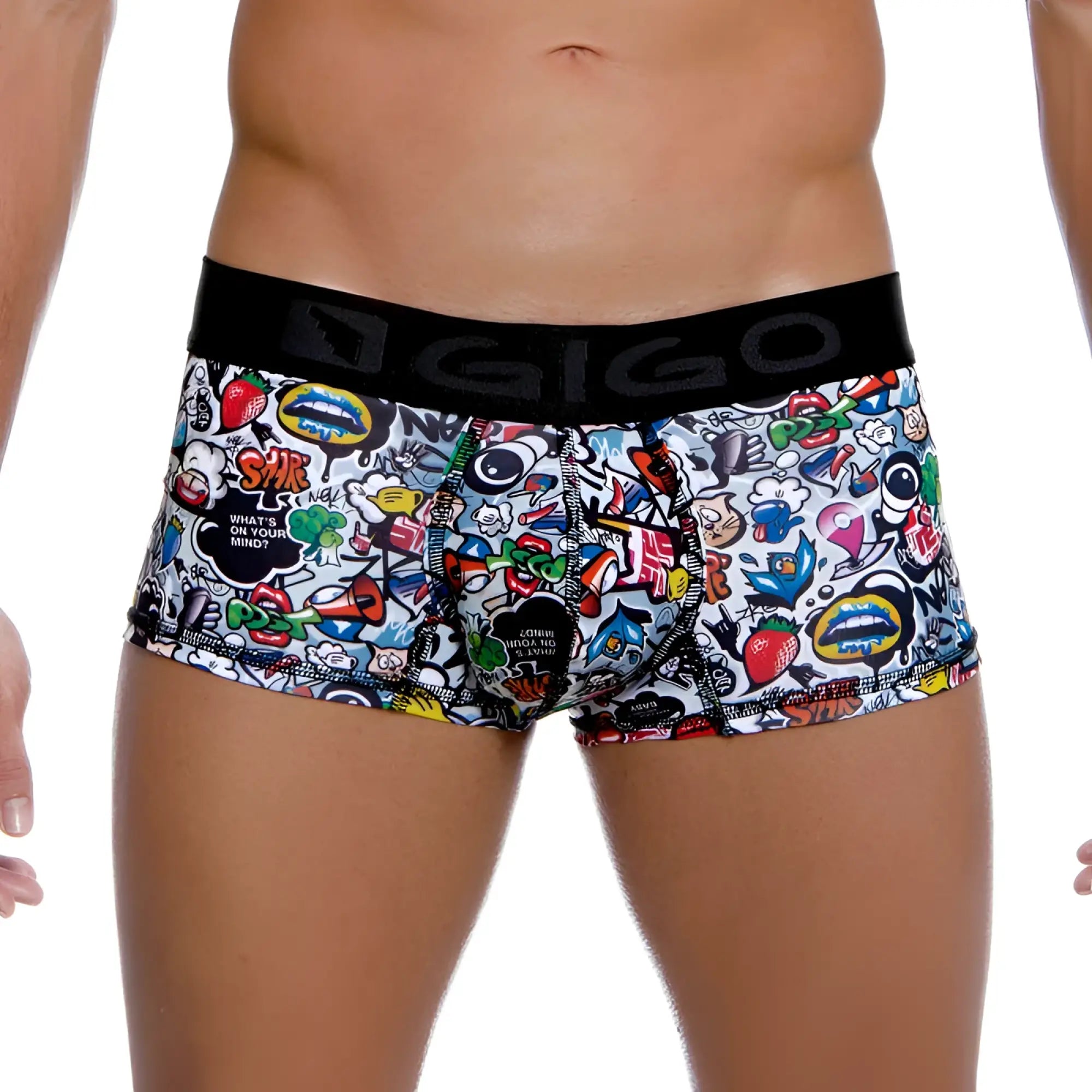Vibrant graffiti-style printed gigo crazy short boxer underwear with black elastic waistband size m