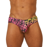 Gigo Crazy swimbrief vibrant pink and yellow graffiti-patterned swim trunks with black base for swimwear use