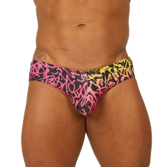 Gigo Crazy swimbrief vibrant pink and yellow graffiti-patterned swim trunks with black base for swimwear use