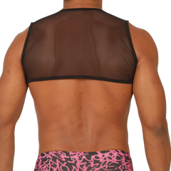 Black sheer mesh tank top with black trim in gigo crazy vest harness style showing front view
