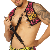 Black gigo crazy vest harness with vibrant pink orange and yellow graffiti style pattern on shoulder panels