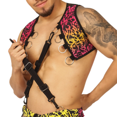 Black gigo crazy vest harness with vibrant pink orange and yellow graffiti style pattern on shoulder panels