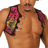 Vibrant graffiti-patterned black neoprene gigo crazy vest harness with metallic silver rings and adjustable straps