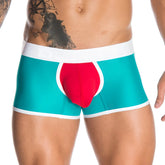 Teal and red gigo custok blue short boxer underwear with white trim sized large shown from the front