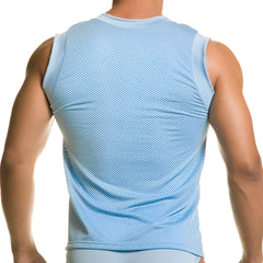 Light blue mesh sleeveless athletic top with solid fabric armholes and neckline from Gigo Diversity Blue Tank