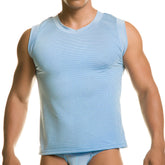 Light blue mesh sleeveless top with rounded neckline from Gigo Diversity blue tank collection