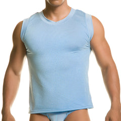 Light blue mesh sleeveless top with rounded neckline from Gigo Diversity blue tank collection