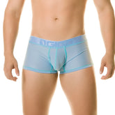 Light blue sheer men’s boxer briefs with matching embossed Gigo waistband in the diversity blue trunk style