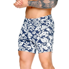 Navy blue Gigo Dynasty Blue short swim trunks with bold white floral pattern for beach and pool use
