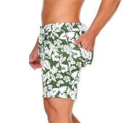 Gigo Dynasty green short swim trunks with white floral pattern made from quick-dry fabric for beachwear