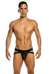 Black mesh briefs with sleek form fitting design and adjustable straps from gigo easy black buttoned jock strap underwear g07206 size l