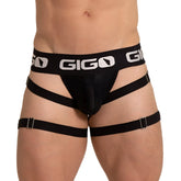 Black gigo men’s energetic jock harness-style briefs with mesh front and adjustable straps