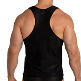 Gigo Energetic black tank with racerback design made of breathable perforated black mesh fabric visible from the back