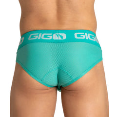 Teal mesh briefs with branded waistband from Gigo Energetic Green brief featuring breathable material and vibrant color