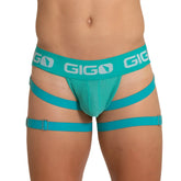 Teal gigo brand men’s mesh briefs with adjustable leg straps and branded waistband for energetic sporty wear