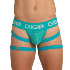 Teal gigo brand men’s mesh briefs with adjustable leg straps and branded waistband for energetic sporty wear