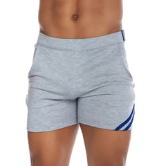 Gigo Energy gray heathered athletic shorts with blue diagonal stripes and small brand tag at waistband