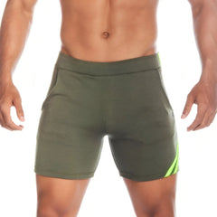 Olive green gigo energy green short with neon yellow side stripes designed for athletic use