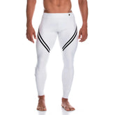 Gigo Enigmatic white athletic leggings with bold black diagonal stripes on outer thighs for active wear