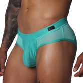 Aqua-colored athletic briefs featuring textured mesh fabric, side panels, and a Gigo branded waist patch.