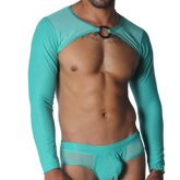 Aqua mesh long-sleeve crop harness with a metallic O-ring detail at the center neckline.