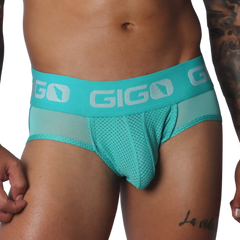 Aqua jock thong with breathable mesh fabric and wide elastic waistband featuring a repeating silver Gigo logo.