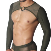 Olive green long-sleeve mesh harness with a central metallic O-ring cutout, worn over a matching mesh brief.