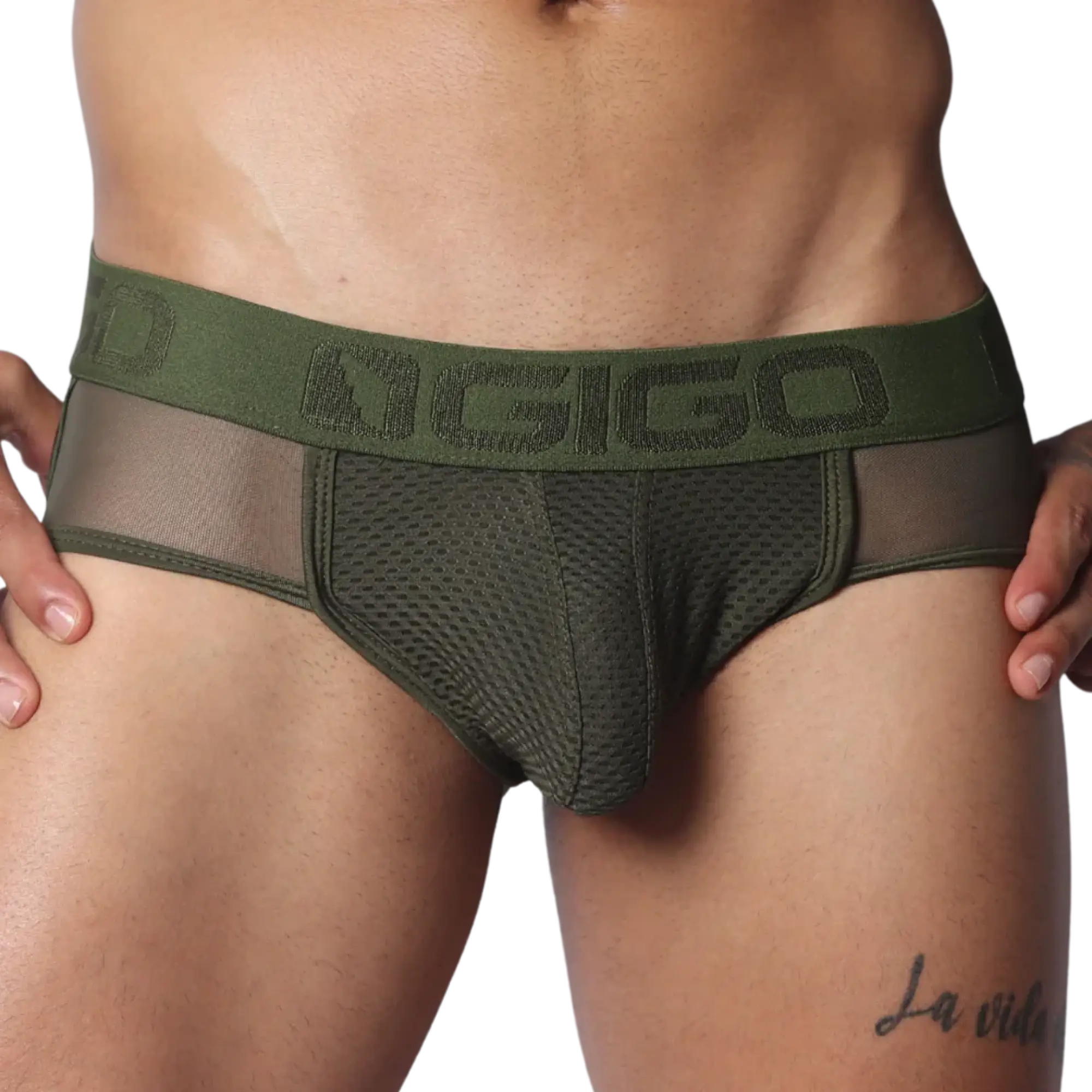 Olive green jock thong with mesh front pouch, sheer side panels, and a branded elastic waistband.