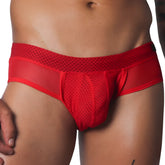 Vibrant red men's low-rise brief featuring sheer mesh panels and a textured mesh pouch for a breathable, athletic fit.