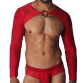 Red long-sleeve crop harness in textured mesh fabric, featuring a central silver O-ring neck accent.