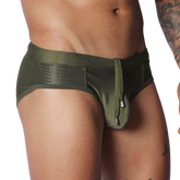 Olive green swim brief with side mesh panels and a drawstring front featuring metallic aglets.